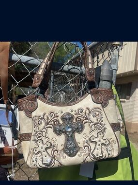 Embellished Cross Accent Tote Bag in Cream and Brown